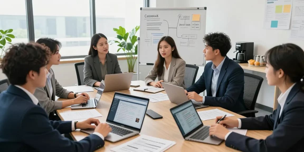 Arbeitskultur bewerten in einer professionellen Büroszene mit Teamdiskussion und Feedbackanalysen.