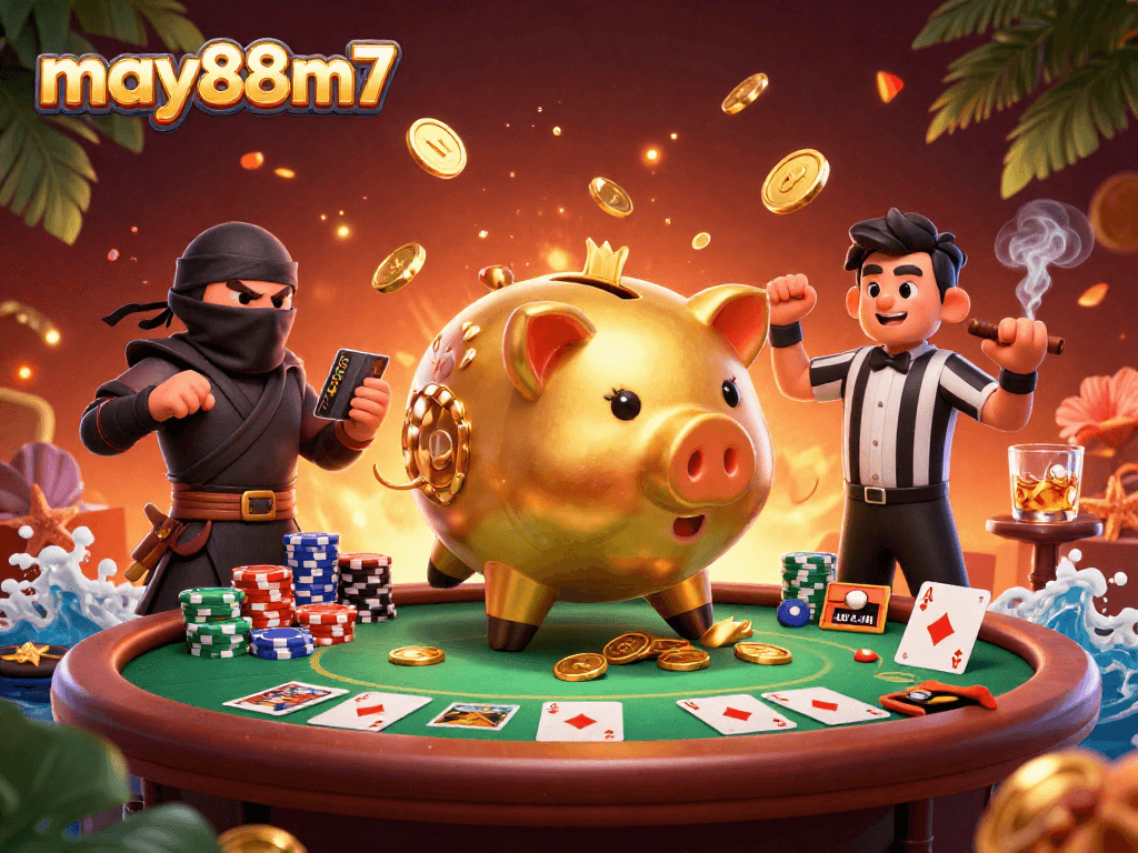 Join the excitement of may88m7 as a golden piggy bank sumo wrestler unleashes coins in a vibrant casino scene.