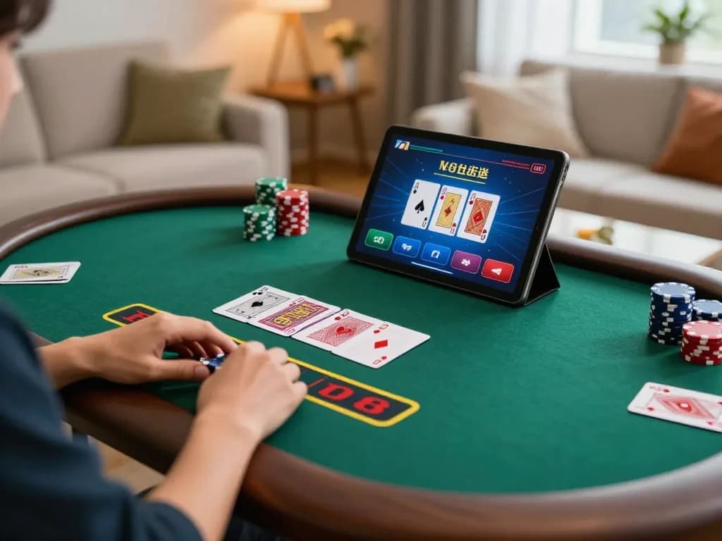 Engaging in online casino gaming at home with kp 88 tablet gameplay experience displaying cards and chips.