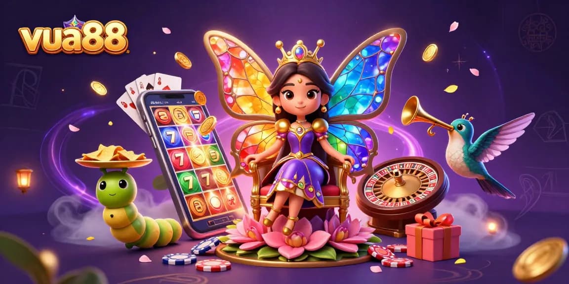 Experience the vibrant world of vua88 with dynamic slot games and a whimsical scene of a butterfly queen.