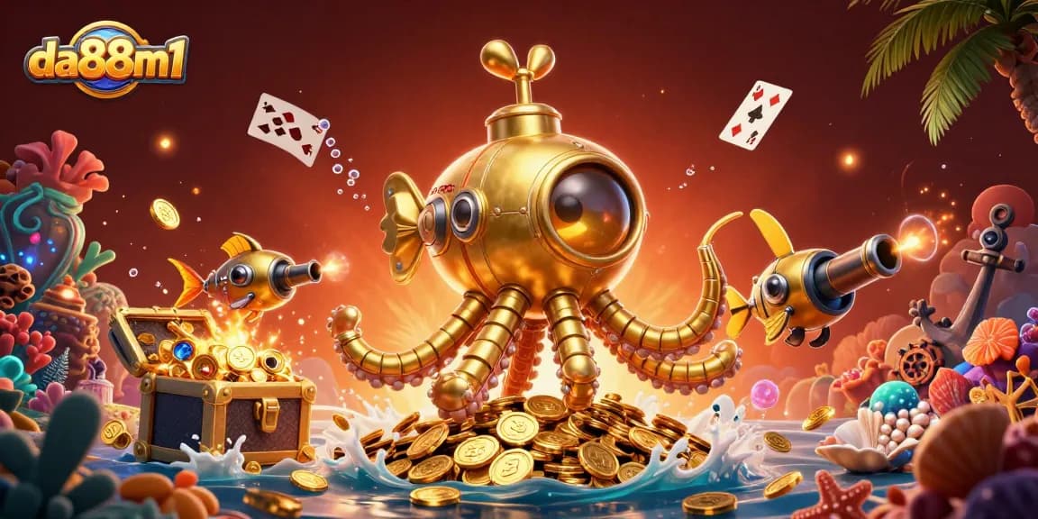 Experience thrilling wins at da88m1 with a vibrant underwater casino scene bursting with excitement and gold.