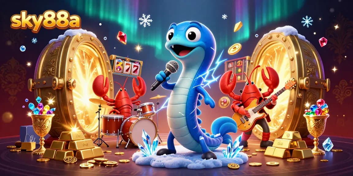 sky88a showcases a vibrant underwater casino scene with electric eel DJing among gold treasures and slot reels.
