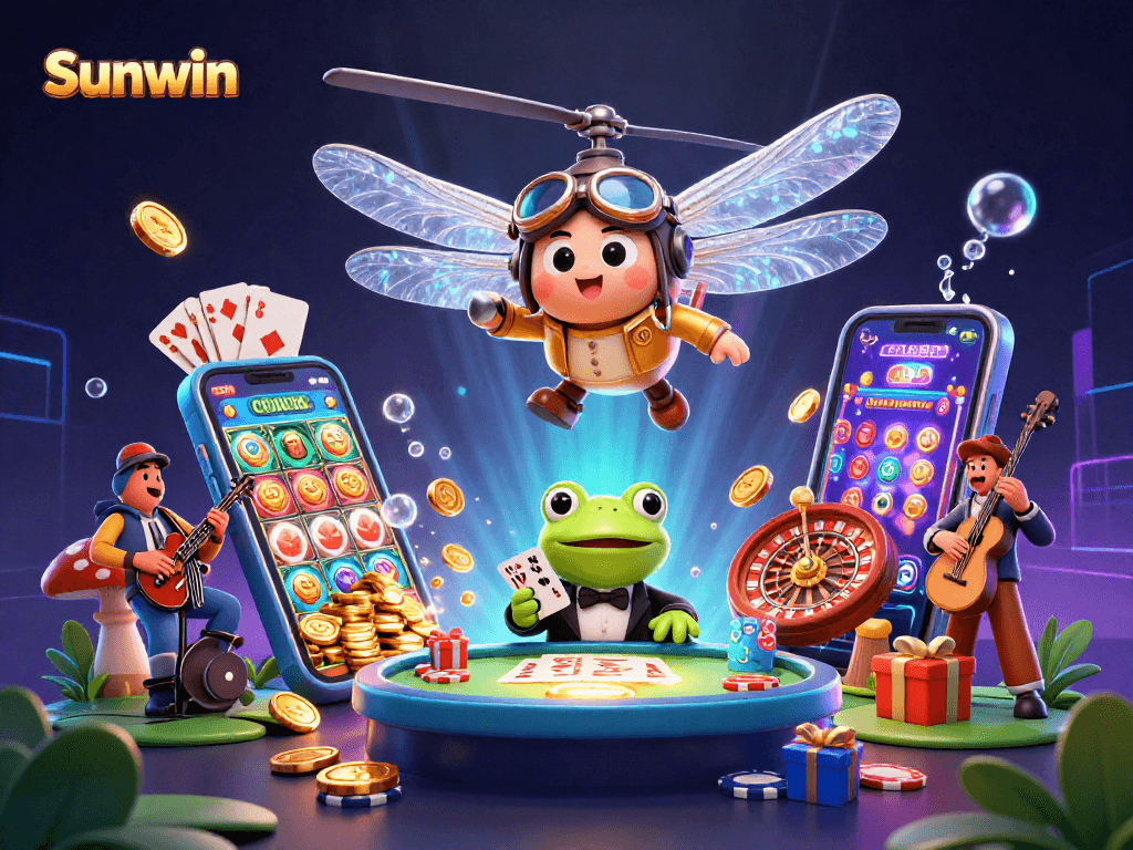 Win big with Sunwin's vibrant casino-themed illustration showcasing unique characters and casino elements.