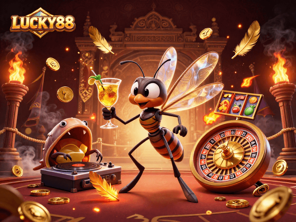 LUCKY88 casino mascots enjoying the excitement of a lively gaming environment with golden elements.