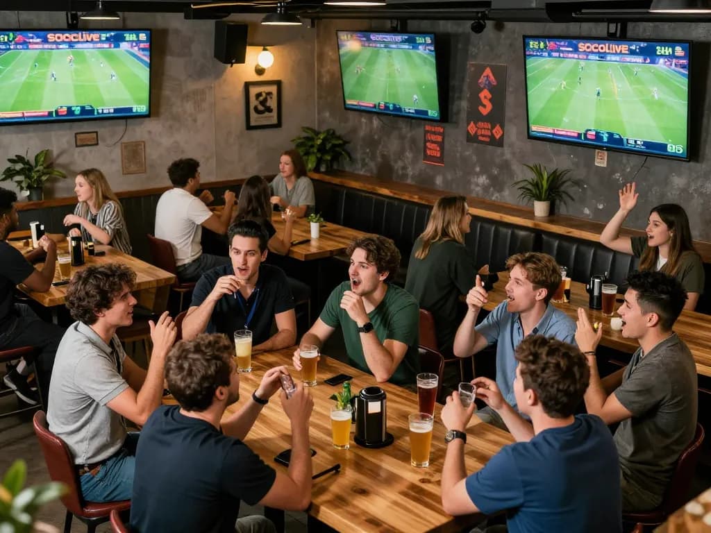 Socolive sports bettors immersed in live match action, screens showcasing thrilling moments and betting discussions.