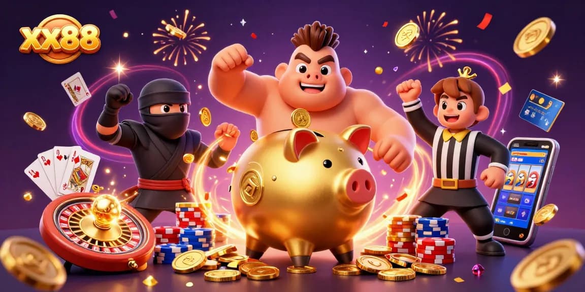 Engage with xx88's dynamic casino experience featuring golden piggy banks, colorful chips, and sparkling gems.