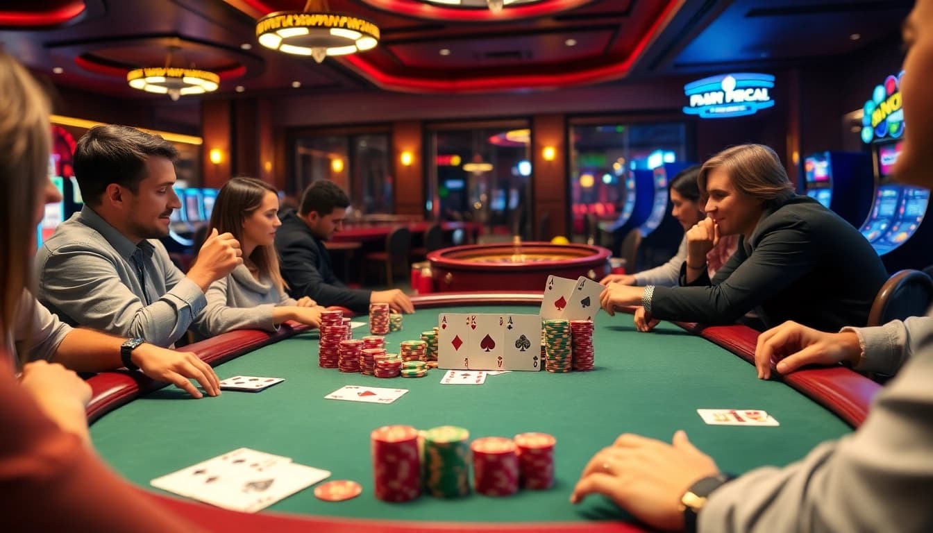 Players immerse themselves in a thrilling game at 789P casino, highlighting competitive poker action.
