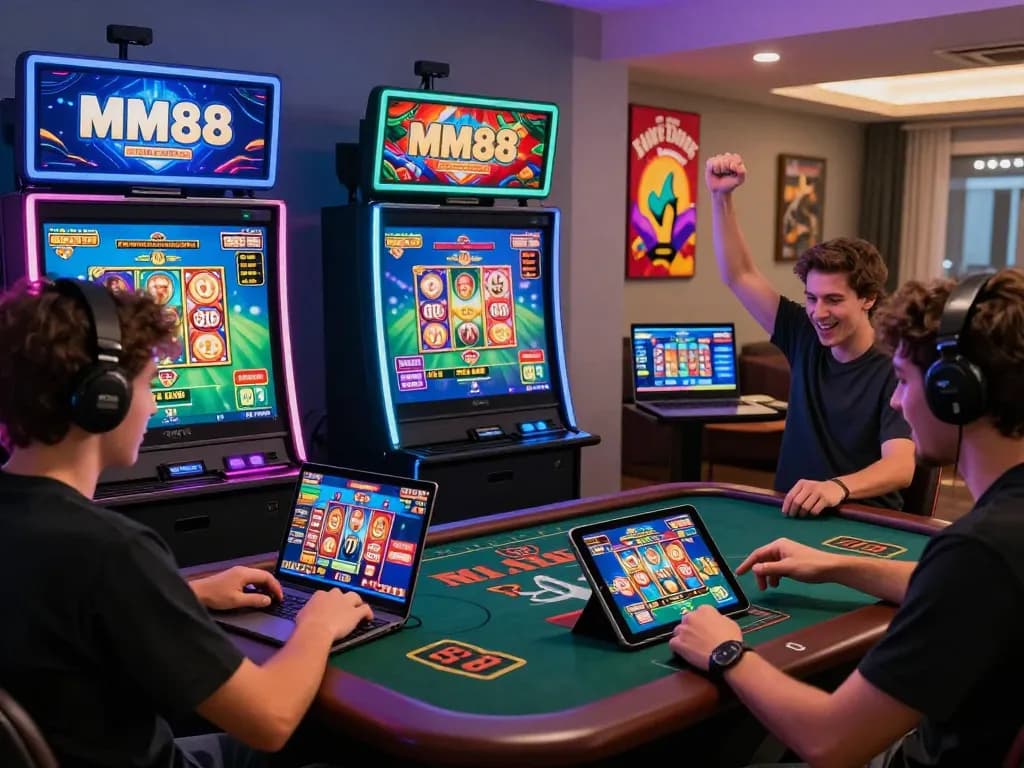 MM88 online gambling players enjoying sports betting, live casino, and slots in a vibrant home setting.