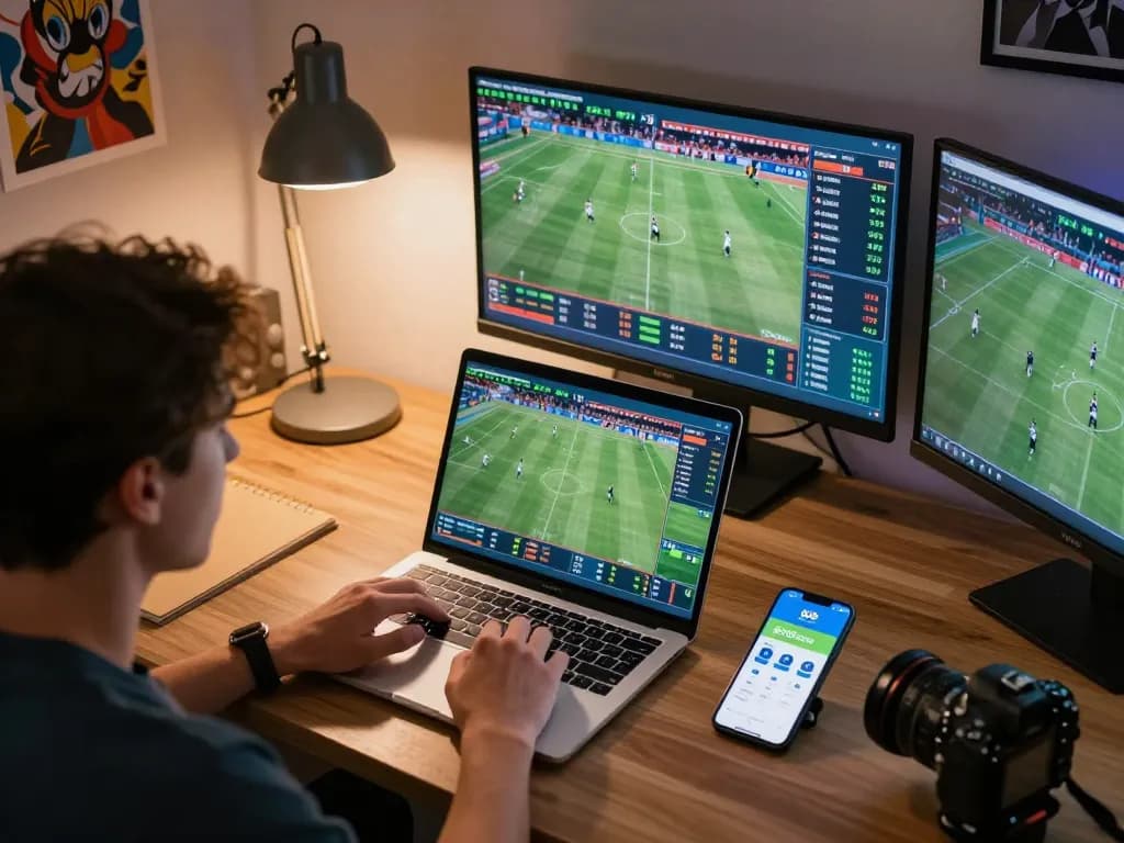 Engaging in online sports betting with go8 com app at home, laptop showing live statistics.