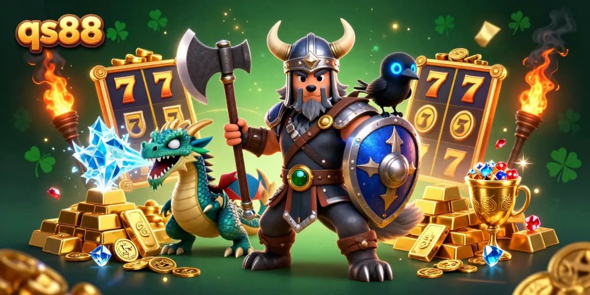 Spin the slot reels and uncover treasures with qs88 in this dynamic casino illustration.