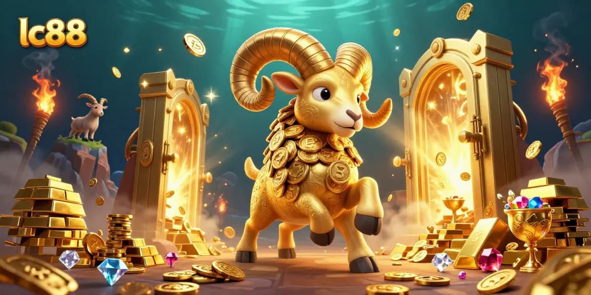 Engage with lc88 in a vibrant 3D casino illustration showcasing golden treasures and energetic characters.