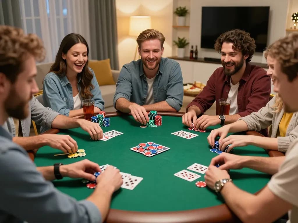 Friends enjoying a lively poker night at home with excitement and strategies in focus at gg88.