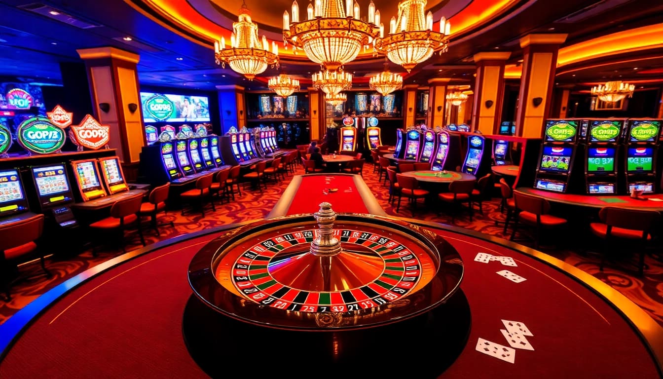 Exciting gambling scene at GO99 featuring roulette, poker tables, and vibrant slot machines.