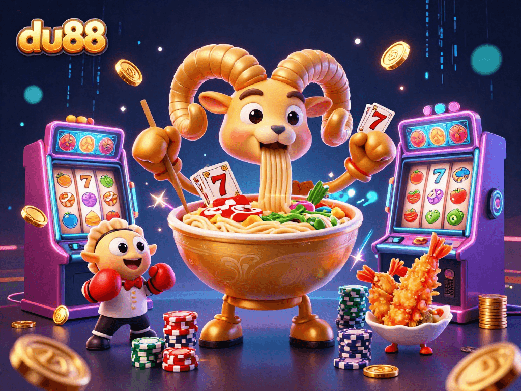 Engage with du88's vibrant gaming world featuring a dynamic ramen bowl surrounded by lively slot elements.