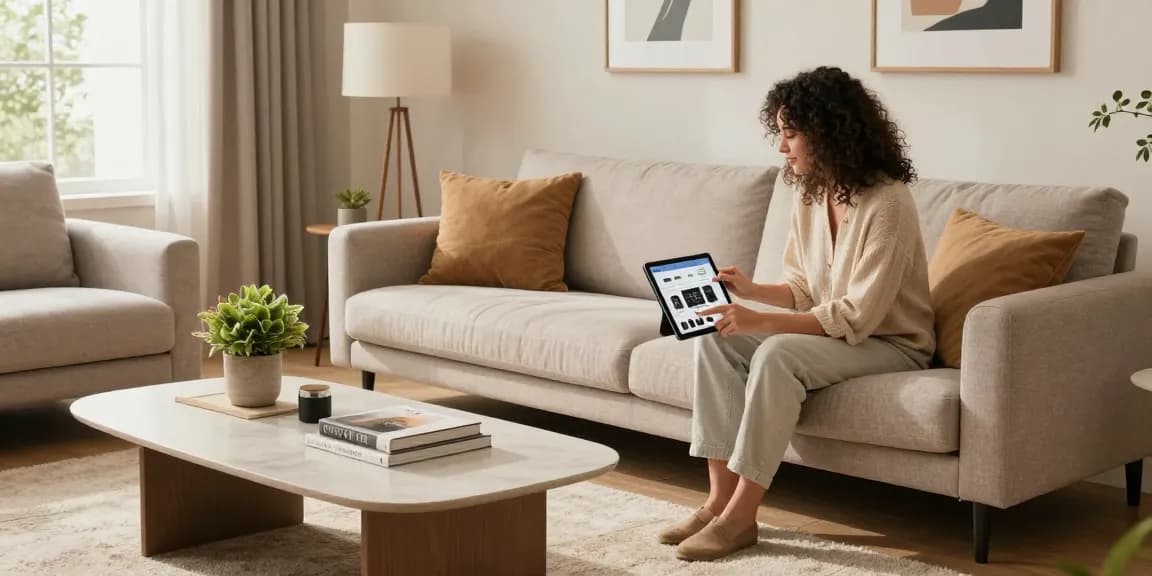 Person, die online Möbel kauft, zeigt stilvolle Wohnkultur und gemütliche Atmosphäre, möbel online kaufen.