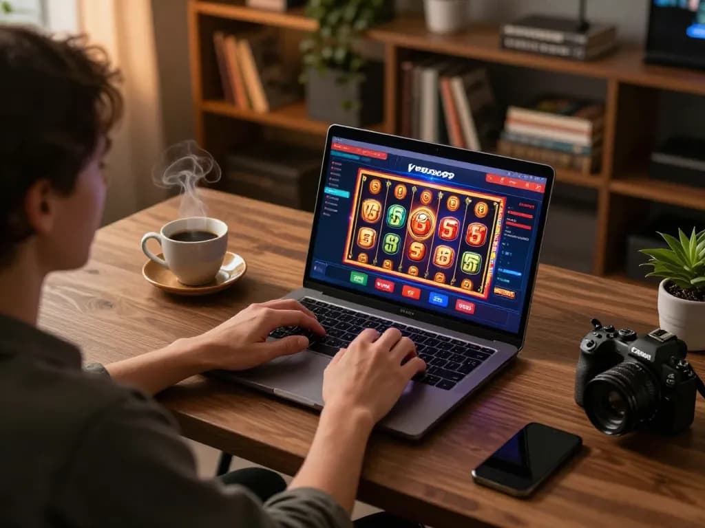 Engaging with Vmax99 online casino from a stylish desk setup while aiming for strategic wins in 2026.