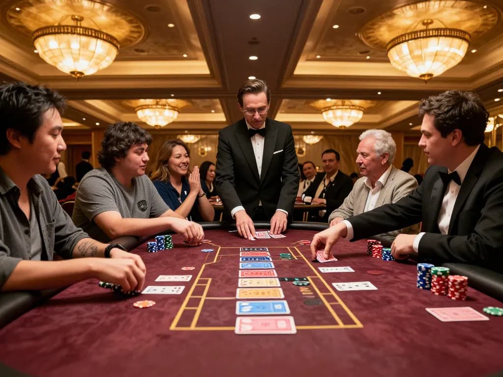 Players engaged in intense poker strategy at a TR88 casino table in Las Vegas, vibrant atmosphere.