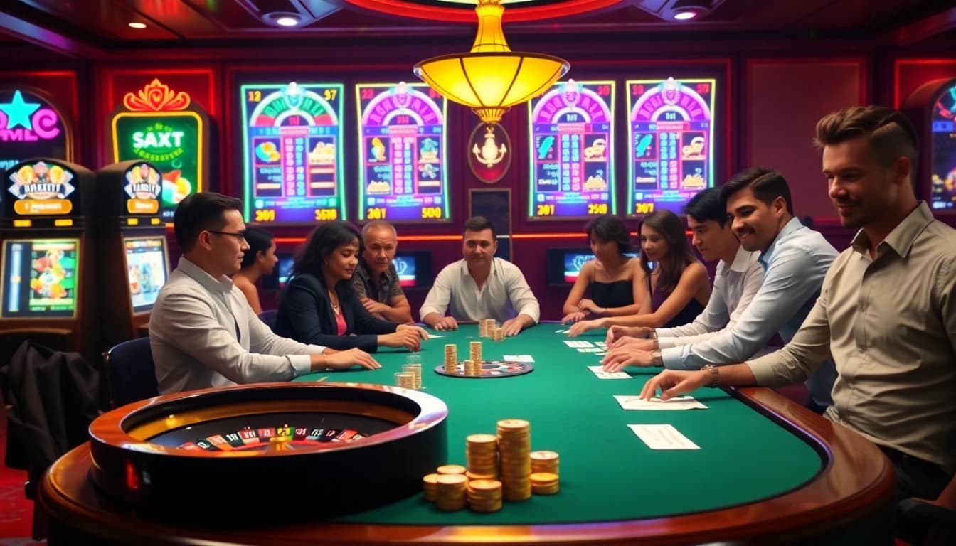 The hidden wiki onion showcased in an exciting casino scene with poker players and vibrant slot machines.