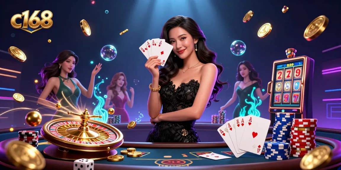 c168 showcases a glamorous Asian woman holding ace cards in a vibrant casino scene.