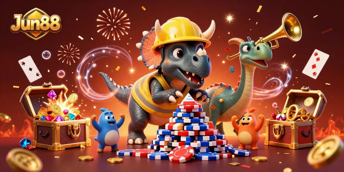 Experience Jun88's exciting gambling scene with vibrant triceratops and festive elements celebrating with poker chips.