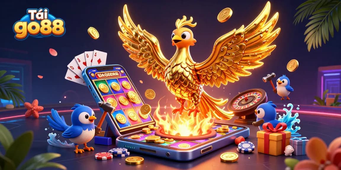 Experience immersive gaming with Tải go88, featuring an enchanting phoenix, coins, and vibrant casino elements.
