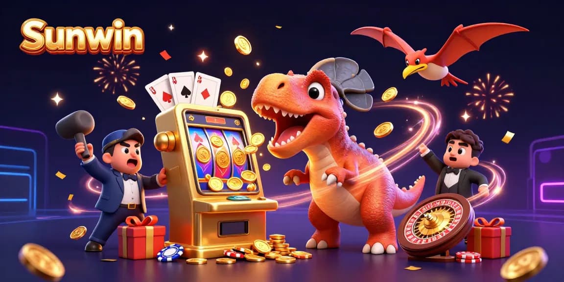 Experience the excitement of Sunwin as a cartoon dinosaur hits a jackpot at a casino.