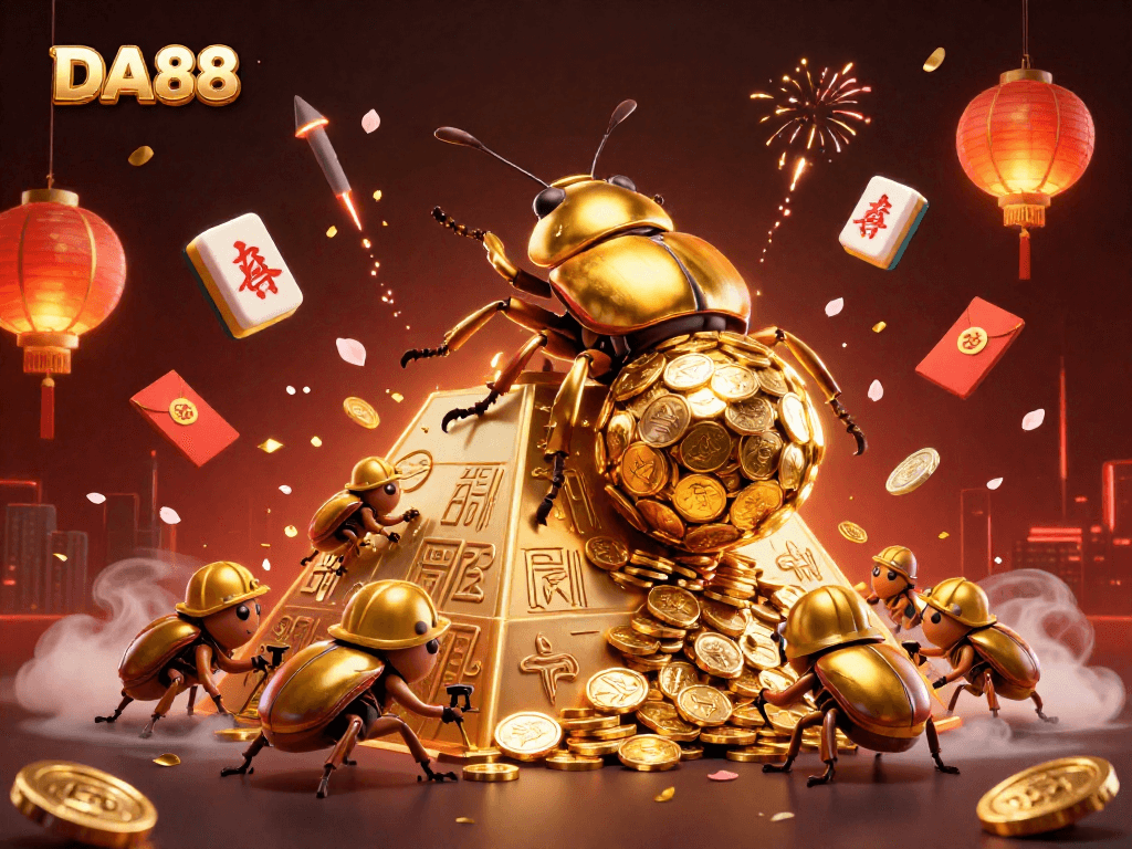 Join the fun with DA88, where golden beetles roll in a vibrant casino-themed extravaganza!