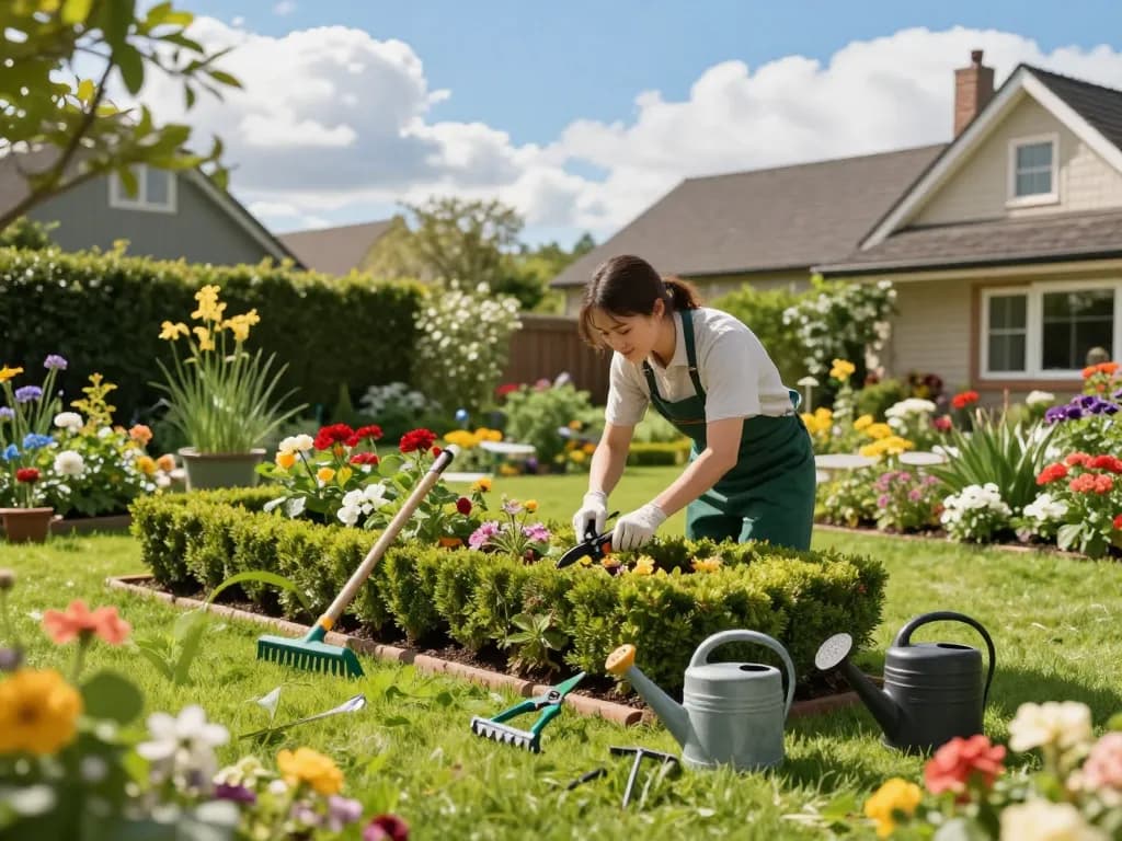 Gartenpflege für Privat & Gewerbe in Münster, illustriert durch einen professionellen Gärtner, der sich um üppige Blumenbeete und Hecken in einer ruhigen Gartenumgebung kümmert.