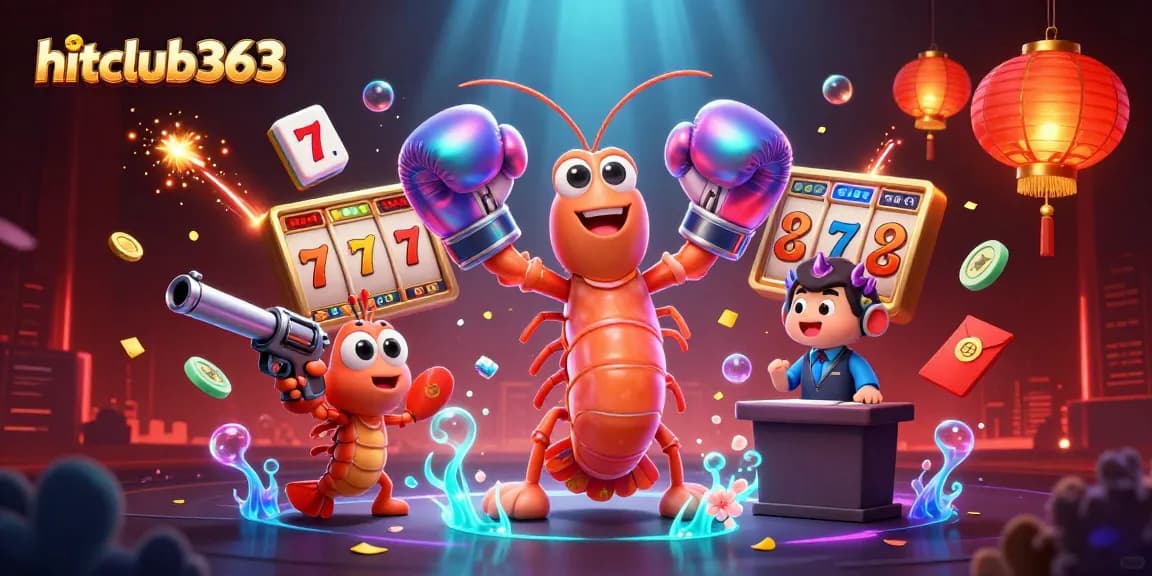 Engage with hitclub363's vibrant gaming scene featuring cartoon shrimp and rich casino elements.