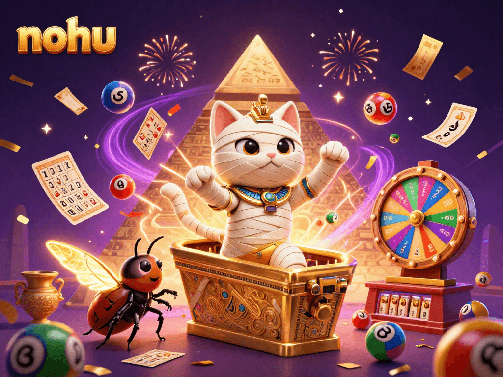 Experience the excitement of nohu with the Egyptian mummy cat and lottery elements in a vibrant casino.