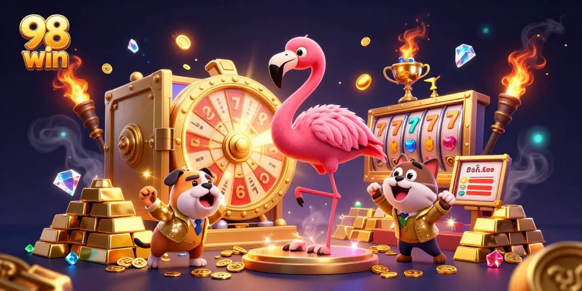 Win exciting prizes at 98 win with a dazzling game show scene featuring a flamingo host.