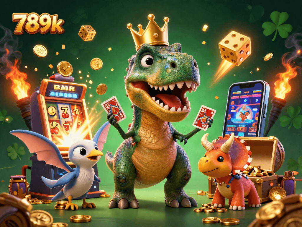 Experience exhilarating luck with 789k as a friendly T-Rex shuffles cards amid vibrant casino elements.