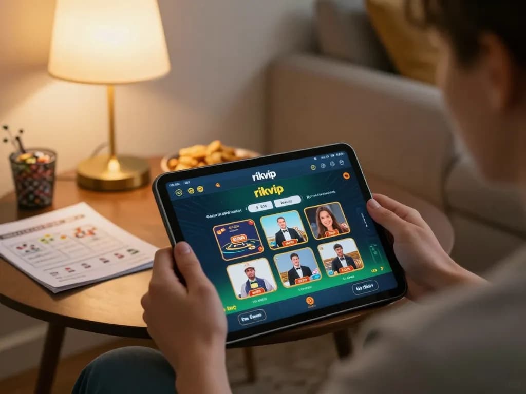 Engaging user experience with rikvip app in cozy home setting, focused on online gambling.