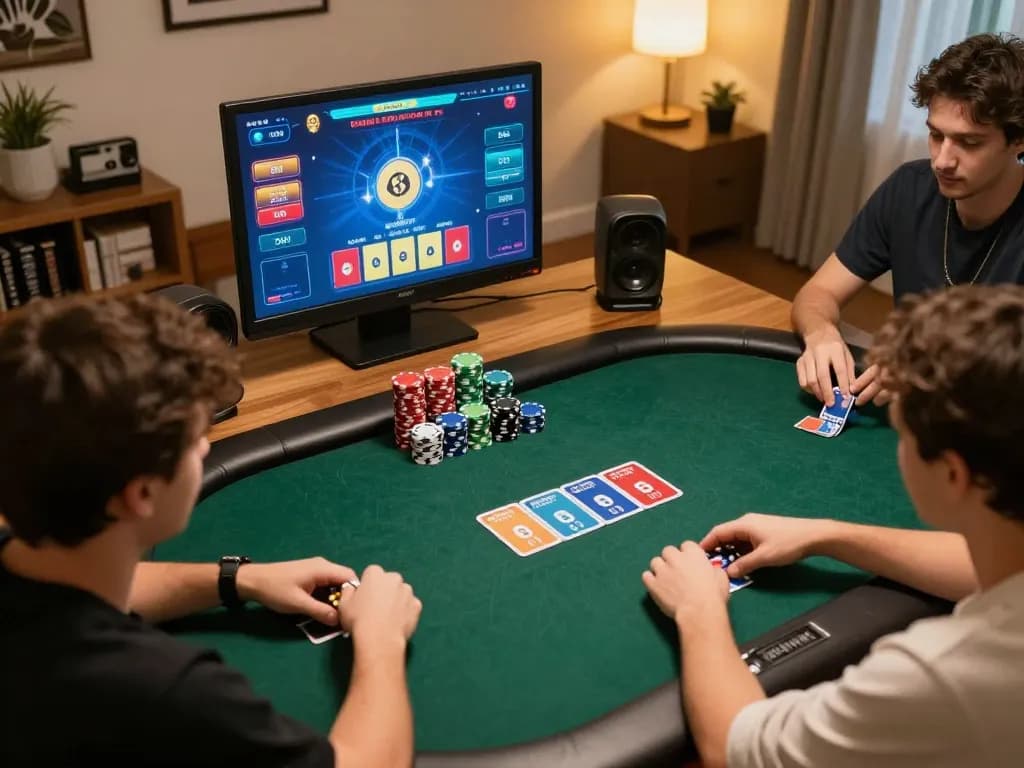 Players engage in an online poker game on 888new, showcasing an immersive home gaming environment.