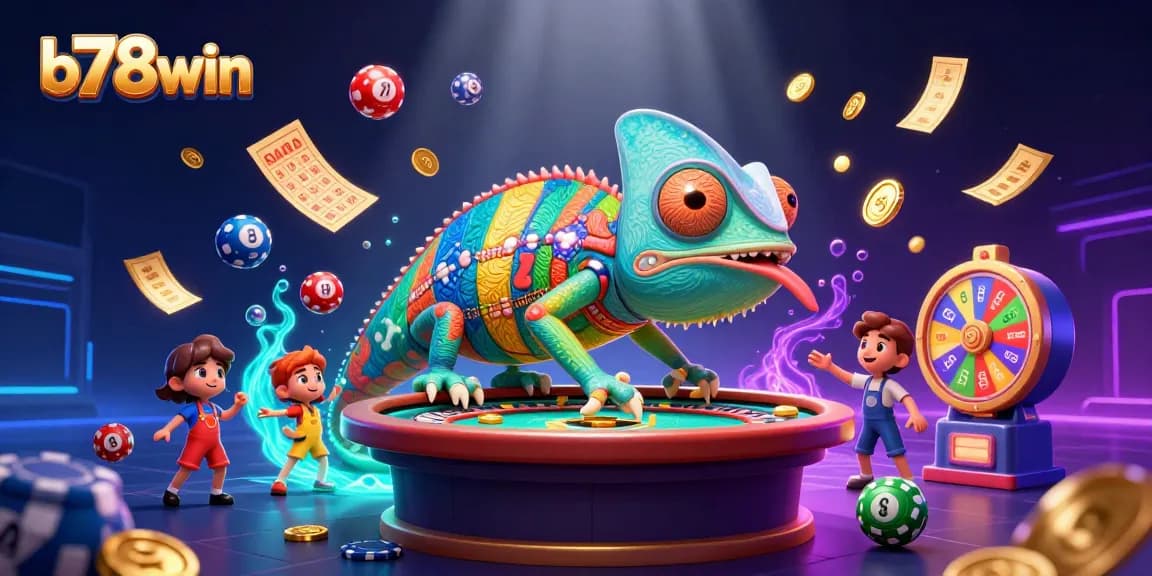b78win unleashes vibrant gameplay with a colorful 3D chameleon casino owner collecting golden coins amidst a dynamic gambling scene