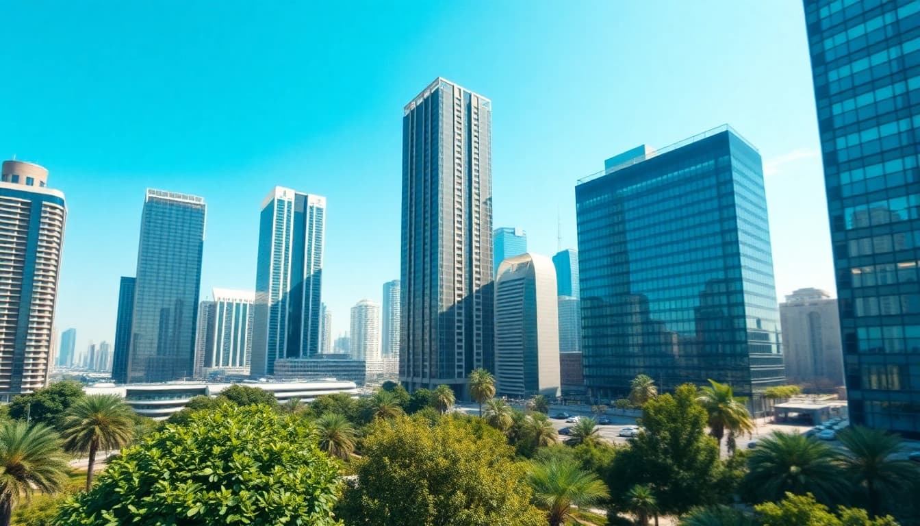 Architekturvisualisierung eines modernen Stadtlandschaft mit lebendigen Gebäuden und Naturelementen.