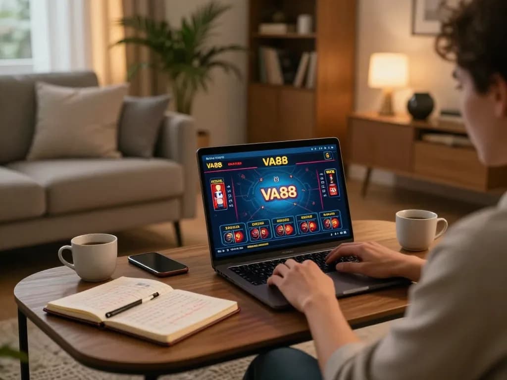 Engaged gambler playing VA88 online casino games at home with strategic notes and smartphone.