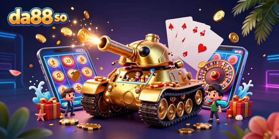 Experience excitement with da88 so in a vibrant casino-themed 3D scene filled with golden elements and fun.