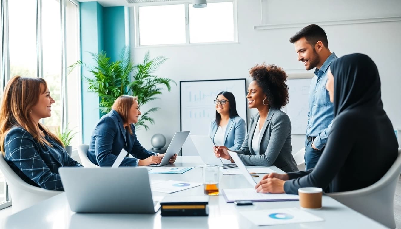 Dynamische Vertriebsprofis, die in einem modernen Büro zusammenarbeiten und die Personalvermittlung Vertrieb betonen.