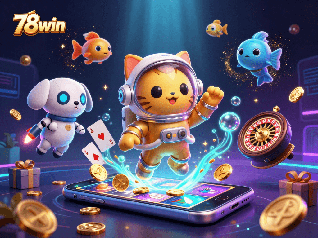 Experience the thrill of 78win with a dynamic scene of gaming excitement featuring a space astronaut cat and gaming elements.