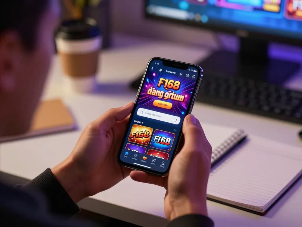 Engaging user experience as he accesses đăng nhập F168 on mobile device, showcasing online casino dynamism.