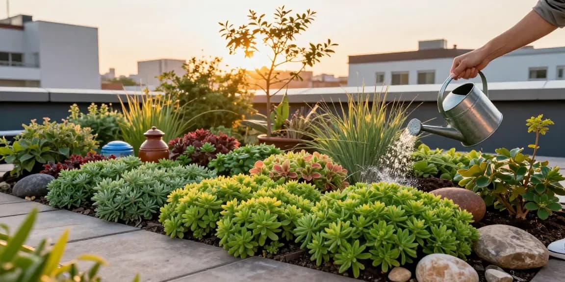 Sedum-Arten winterhart kleinwüchsig, die in einem üppigen städtischen Dachgarten gedeihen und lebendige niedrigwachsende Pflanzen sowie eine friedliche Gartenatmosphäre präsentieren.