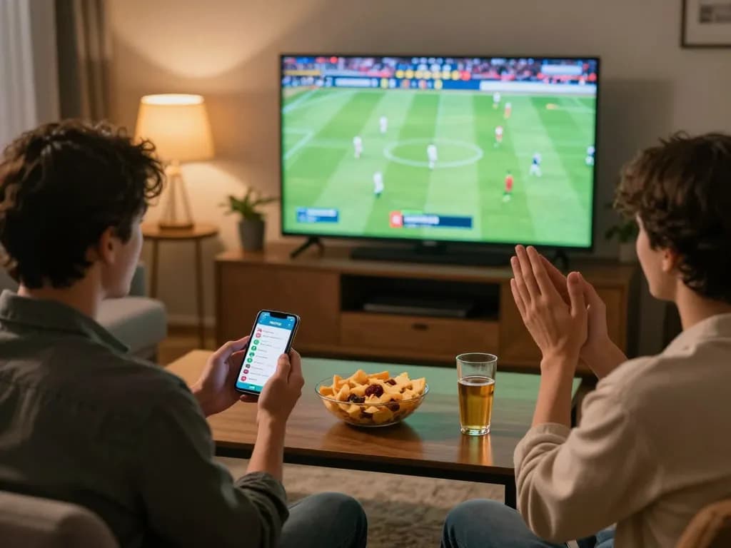 Exciting sports betting experience with friends watching lương sơn tv live on TV and using betting apps.