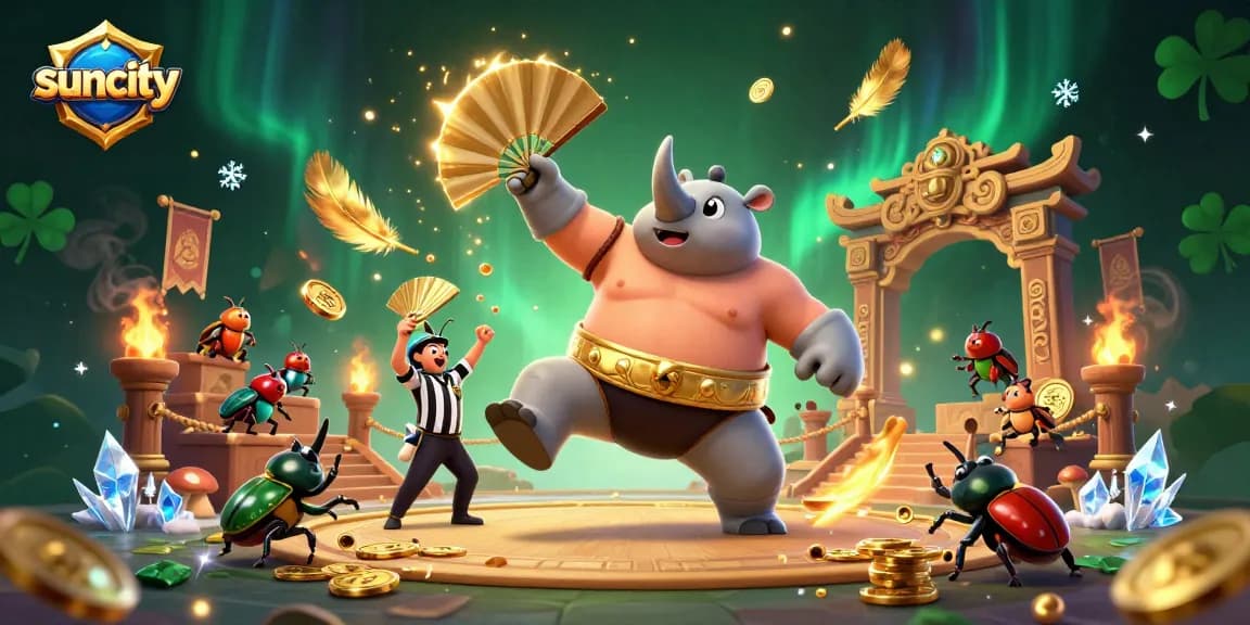 Suncity's exciting gaming experience, showcasing a vibrant 3D casino scene with beetles and golden coins.