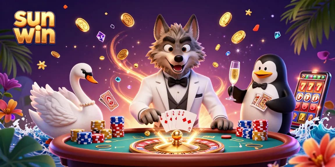 Experience the thrill of sun win with a debonair wolf, elegant swan, and sophisticated penguin in a vibrant casino scene.