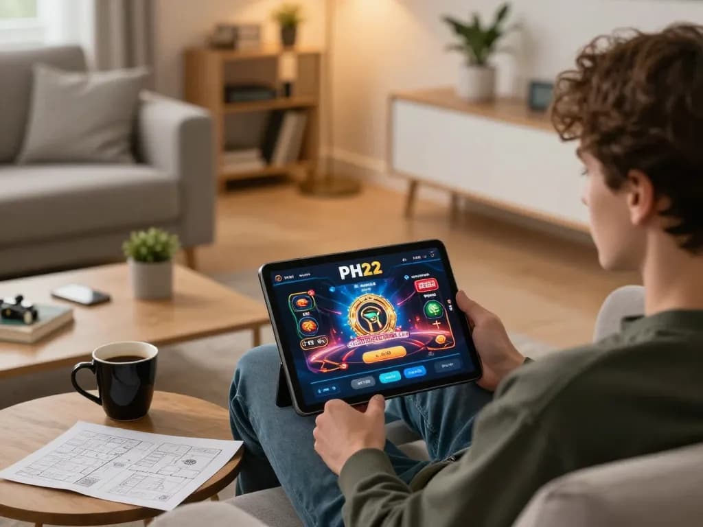 Engaging with the PH22 app for online gaming in a cozy home environment, showcasing responsible gambling practices