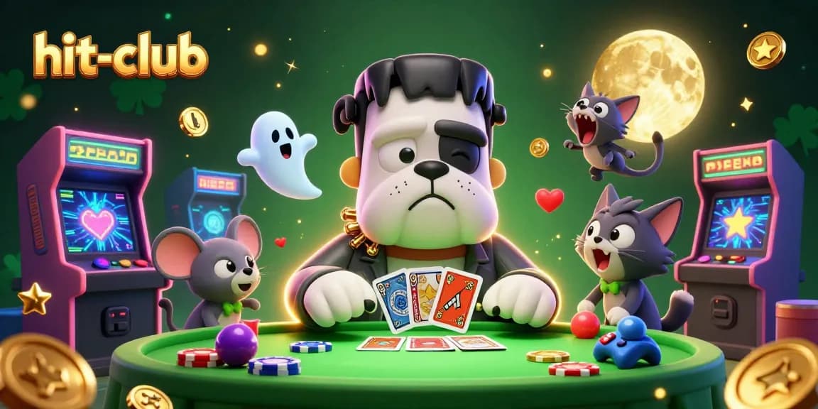 Engage with the thrill of hit-club as a cartoon Frankenstein bulldog deals cards at a spooky casino table.