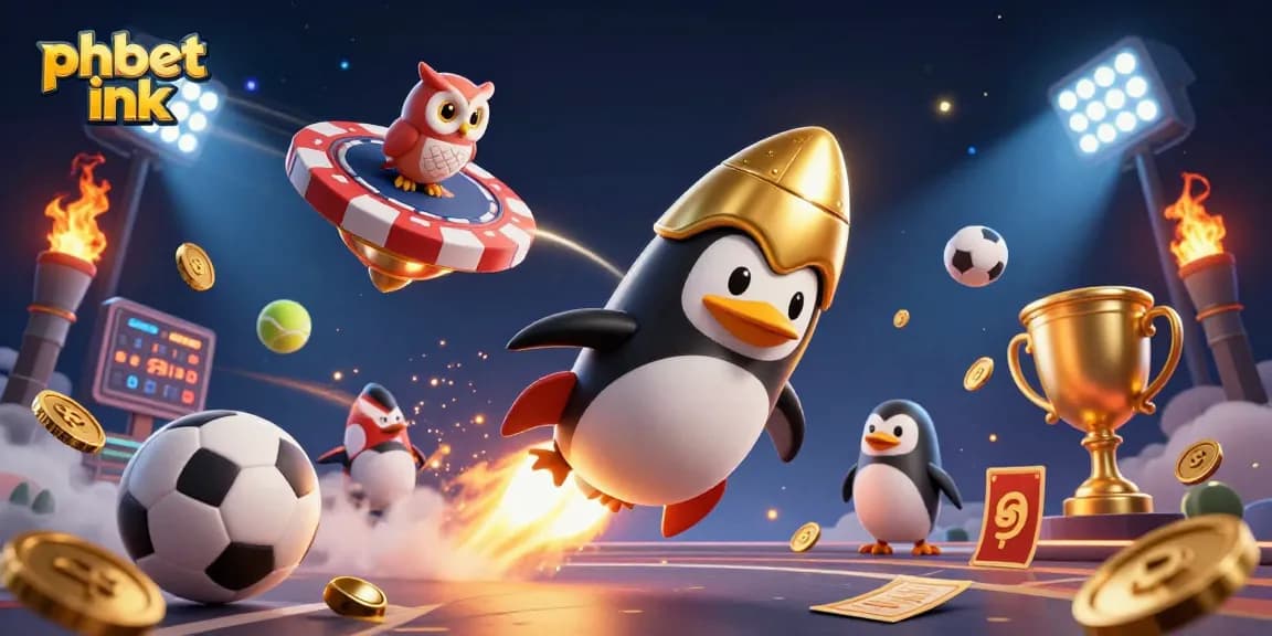 Experience the excitement with phbet ink, featuring a golden penguin soaring towards a casino space station.