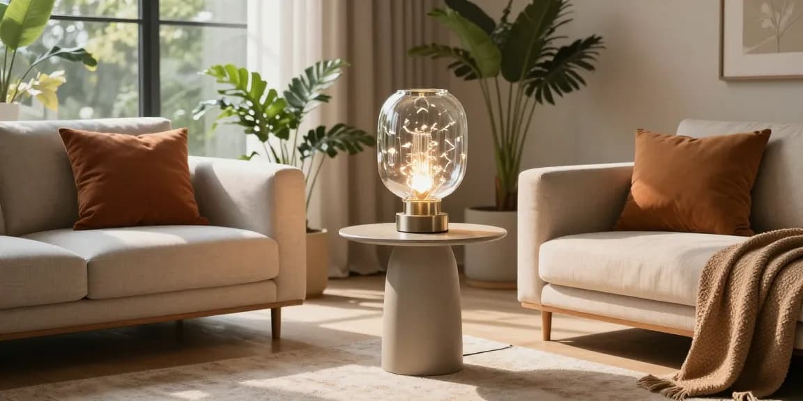 Stilvolle Lampen Rauchglas, die ein modernes Wohnzimmer mit natürlichem Licht erhellen.