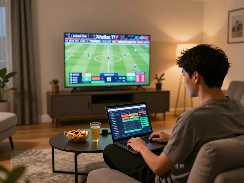 Xoilac TV live sports betting setup with a laptop and TV, showing the excitement of online wagering.